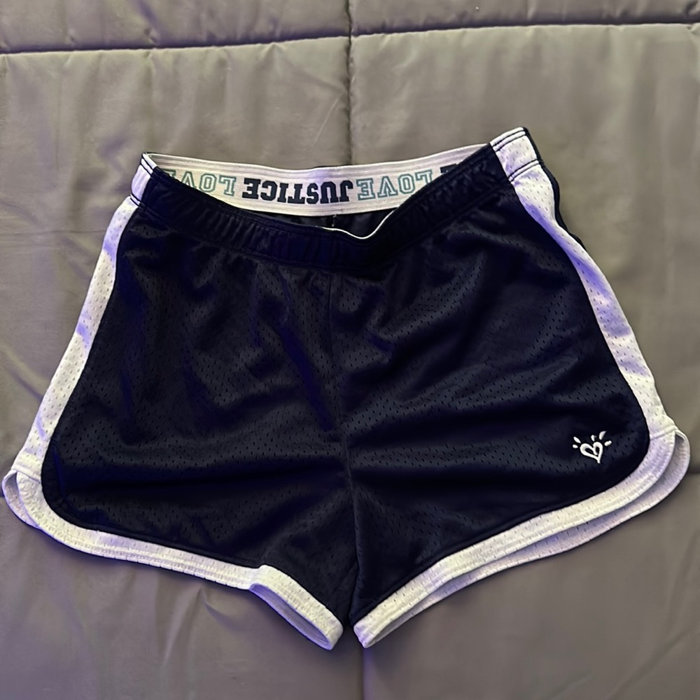 Girls, navy blue and white justice workout/breathable shorts